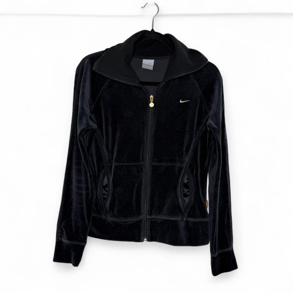 Vintage Y2K Nike Velour Zip Jacket Sz L – Gold Swoosh, Rainbow Tag, Juicy Vibe